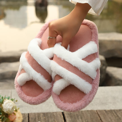 Fluffy Cross Strap Stitching Warm Slippers