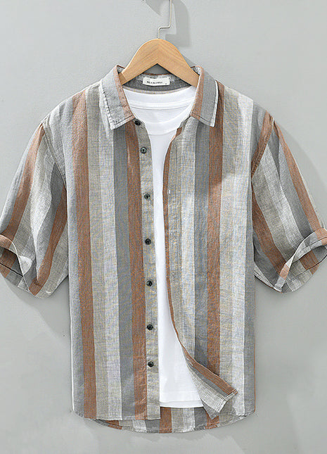 Camisa de lino teñido en hilo estilo vintage de manga a la altura del codo para hombre