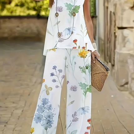Elegant Round Neck Floral Two-Piece Set