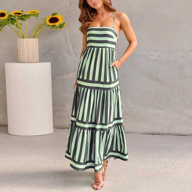 Summer Striped Suspender Long Dress With Pockets
