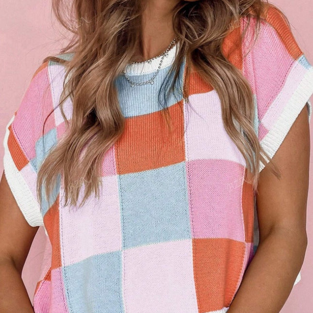 Colorful Plaid Crop Crew Neck Short Sleeved Tops