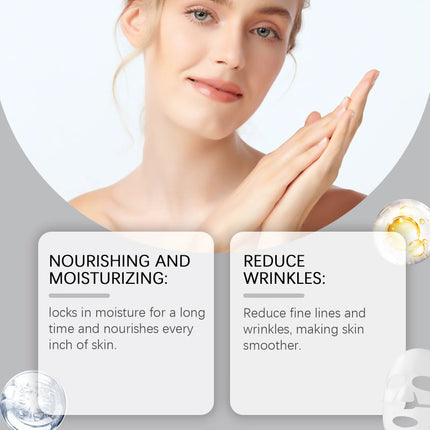 Woman applying skincare product with text on nourishing and moisturizing, reducing wrinkles.