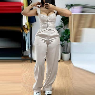 Sling Short Tight Vest High Waist Wide Leg Trousers Suit Set