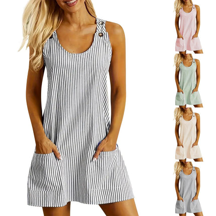 Striped U-Neck Sleeveless Pockets Dress