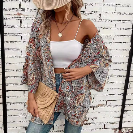 Ethnic Round Neck Shirt Bohemian Long Sleeve Shirt
