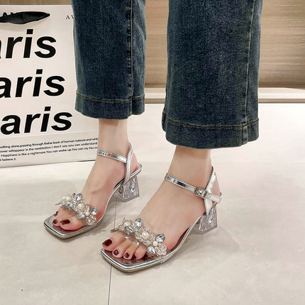 Chunky Rhinestone One-strap High Heels