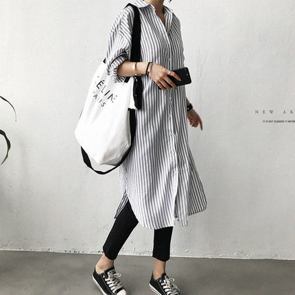 Lazy Cold Style Mid-length Striped Shirt