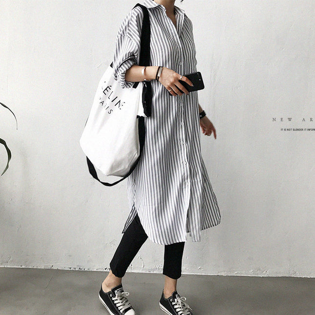 Lazy Cold Style Mid-length Striped Shirt