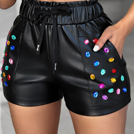 Rhinestone PU Leather Shorts
