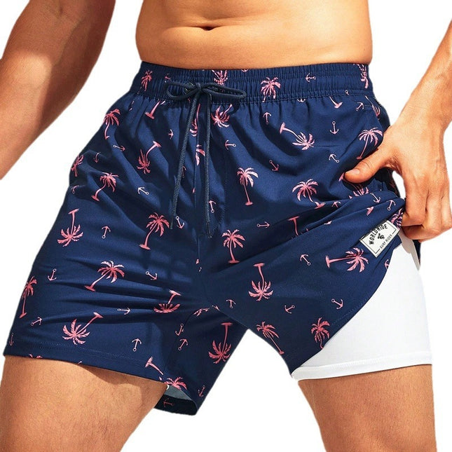 Navy Blue Coconut Tree Beach Trunks
