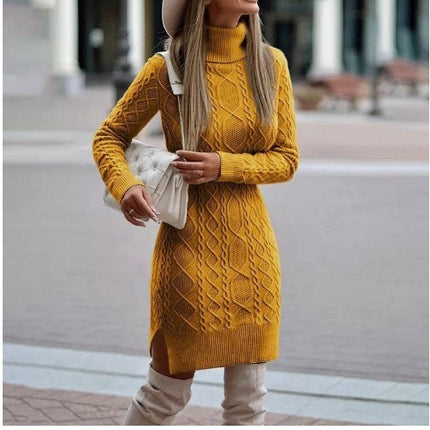 Turtleneck Knitted Slit Winter Dress