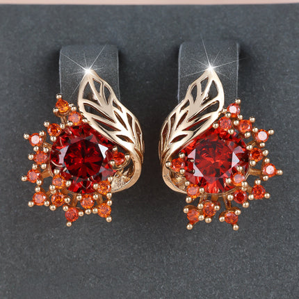 Round Flower Feather Zircon Earrings