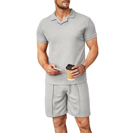 Summer New Waffle V-neck Polo Shirt Suit