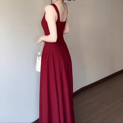 Red Slip Dress Summer French Square Collar