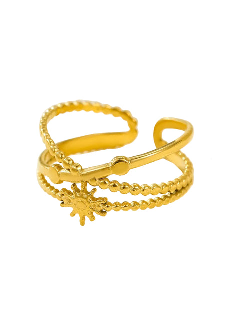 Gold ring with measurements on a beige background