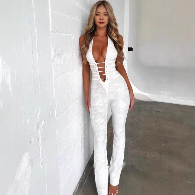 Lace Hollow-out Semi-transparent Halter Drawstring Jumpsuit