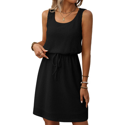 Square Collar Drawstring Sleeveless Vest Dress With Lining