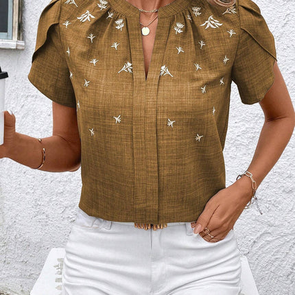 Half-open Collar Short Sleeve Shoulder Creasing Blouse