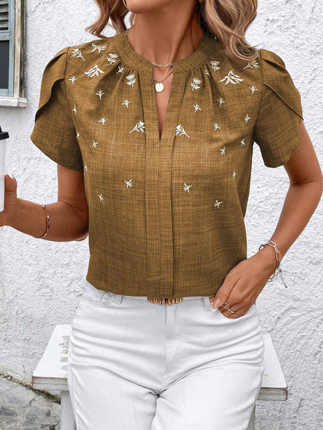 Half-open Collar Short Sleeve Shoulder Creasing Blouse