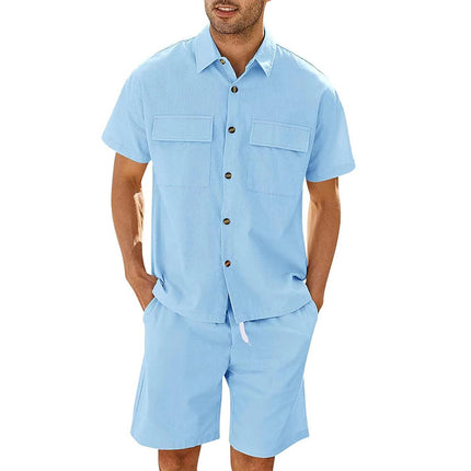 Cotton Short Sleeve Pockets Shirt And Drawstring Shorts Set
