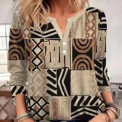 V-neck Pattern Long Sleeve Shirt