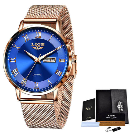Elegant Thin Ladies Quartz Watch – Dual Calendar Waterproof Timepiece