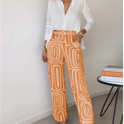 Casual Long-sleeved Lapel Shirt Wide-leg Pants with Belt Suit Set