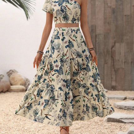 Crop One Shoulder Blouse & Ruffle Hem Skirt