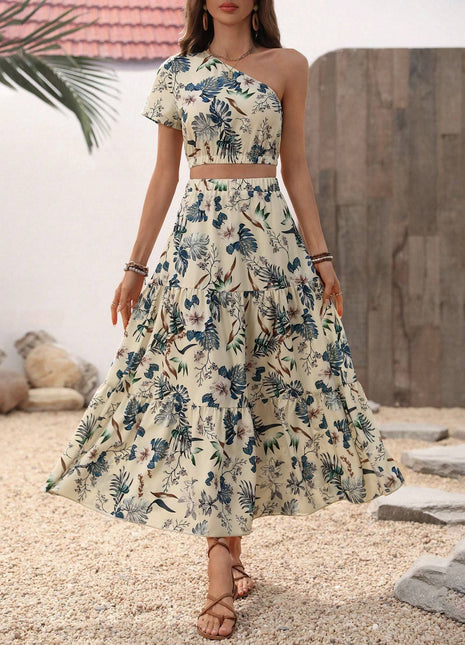 Crop One Shoulder Blouse & Ruffle Hem Skirt