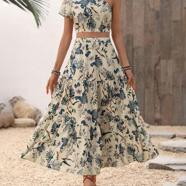 Crop One Shoulder Blouse & Ruffle Hem Skirt