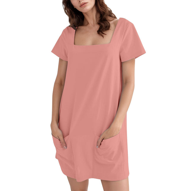 Square Collar Short Sleeve Short Skirt Pocket Dress