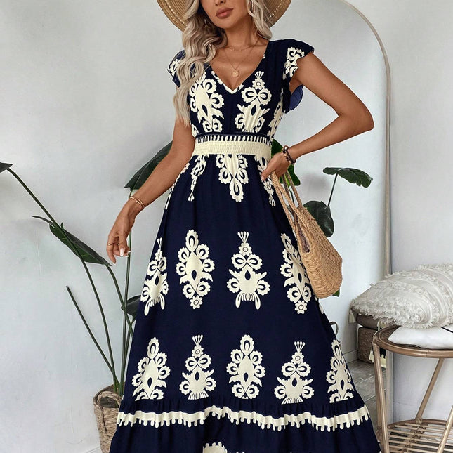 Trim Sleeve Cinched Waist Ruffle Hem A-Line Dress