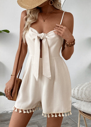 Fringe Knotted Texture Waffle Suspender Jumpsuit