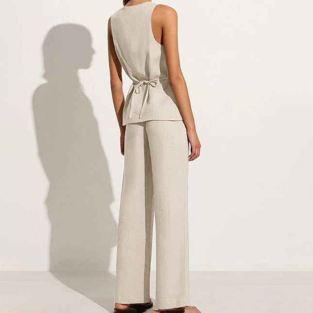 Cotton Sleeveless Square Collar Lace Up Vest High Waist Wide Leg Pants Suit Set