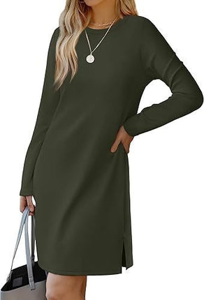 Round Neck Slit Hemline Sweater Long Sleeve Dress