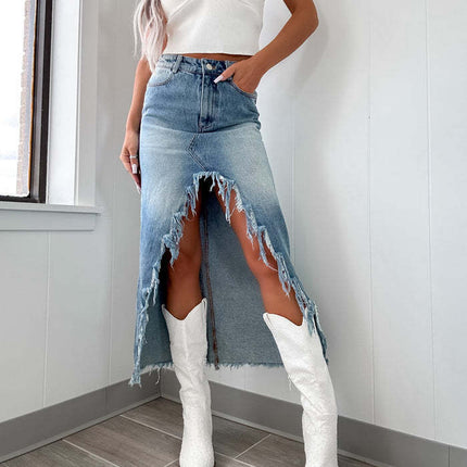 Denim High Waist Irregular Washed-out Skirt