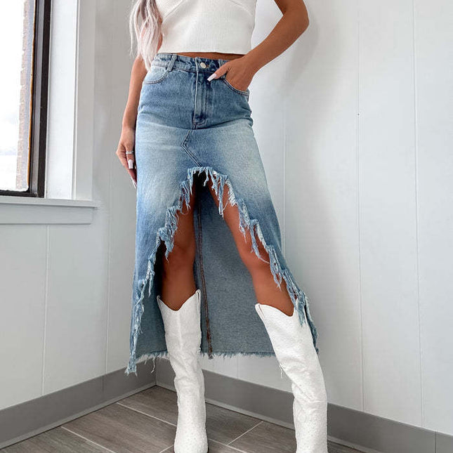 Denim High Waist Irregular Washed-out Skirt