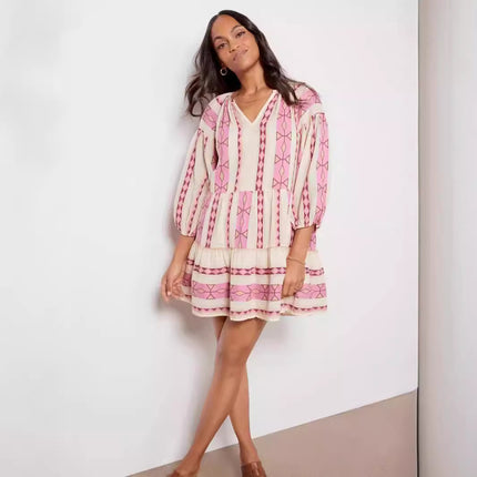 Sleeve V-neck Striped Printed A- Line Skirt Dress