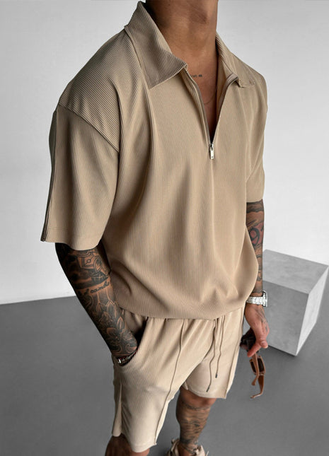 Polo de Cremallera Manga Corta Casual y Conjunto de Pantalones Cortos con Cordón