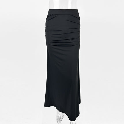Stretch Silk Slim Hip Pleated Wide Hem Long Skirt