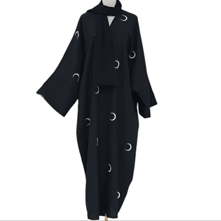 Moon Embroidery Elegant Abaya with Chiffon Headscarf