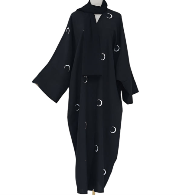 Moon Embroidery Elegant Abaya with Chiffon Headscarf