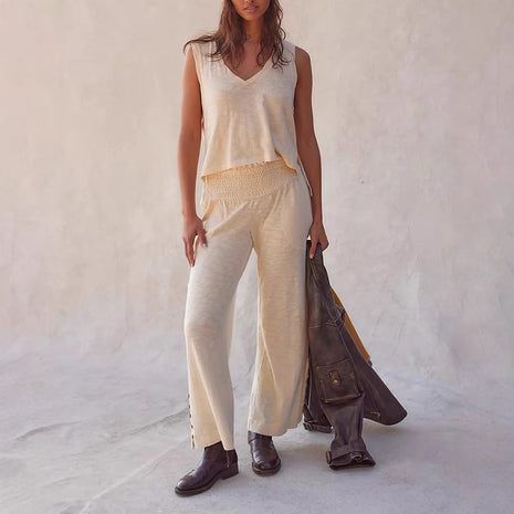 Traje de dos piezas de punto con cuello de pico y cintura elástica