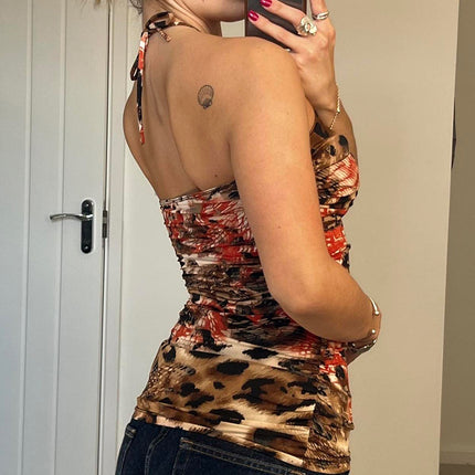 Retro Printed Backless Halter Vest