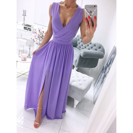 Sleeveless Ankle Skirt V-neck Front Split Dress