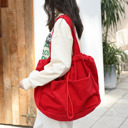 Ins Corduroy Drawstring Multi-Pocket Shoulder Bag