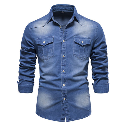 Men's Long-sleeved Denim Shirt Casual Solid Button Slim Tops Clothing