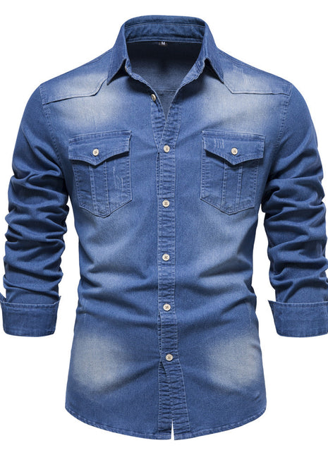 Camisa vaquera de manga larga para hombre, informal, de color liso, con botones, de corte entallado