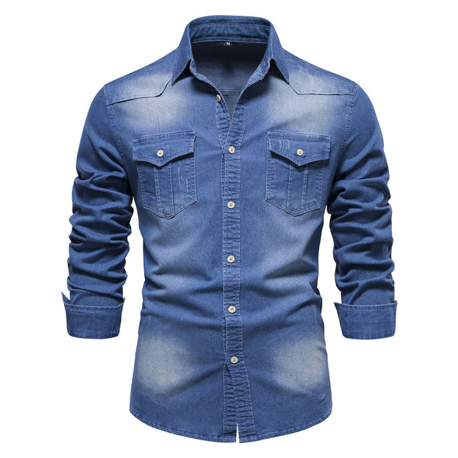 Men's Long-sleeved Denim Shirt Casual Solid Button Slim Tops Clothing