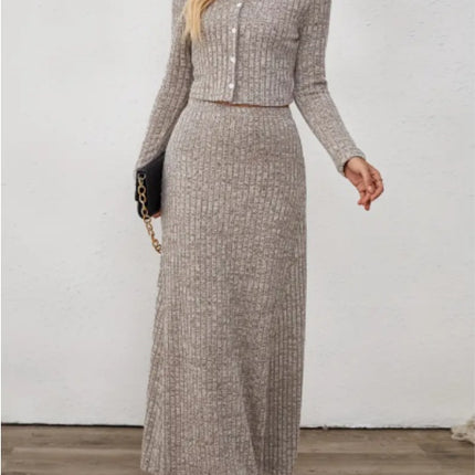 Oriented Fashion Elegant Autumn-Winter New Long-Sleeve Flared Skirt Button-Up Round Neck Cardigan Short Soft Temperament Midi Dress Set